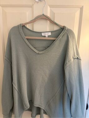 Pink Rose Sage Green Waffle V-Neck Pullover Sweatshirt